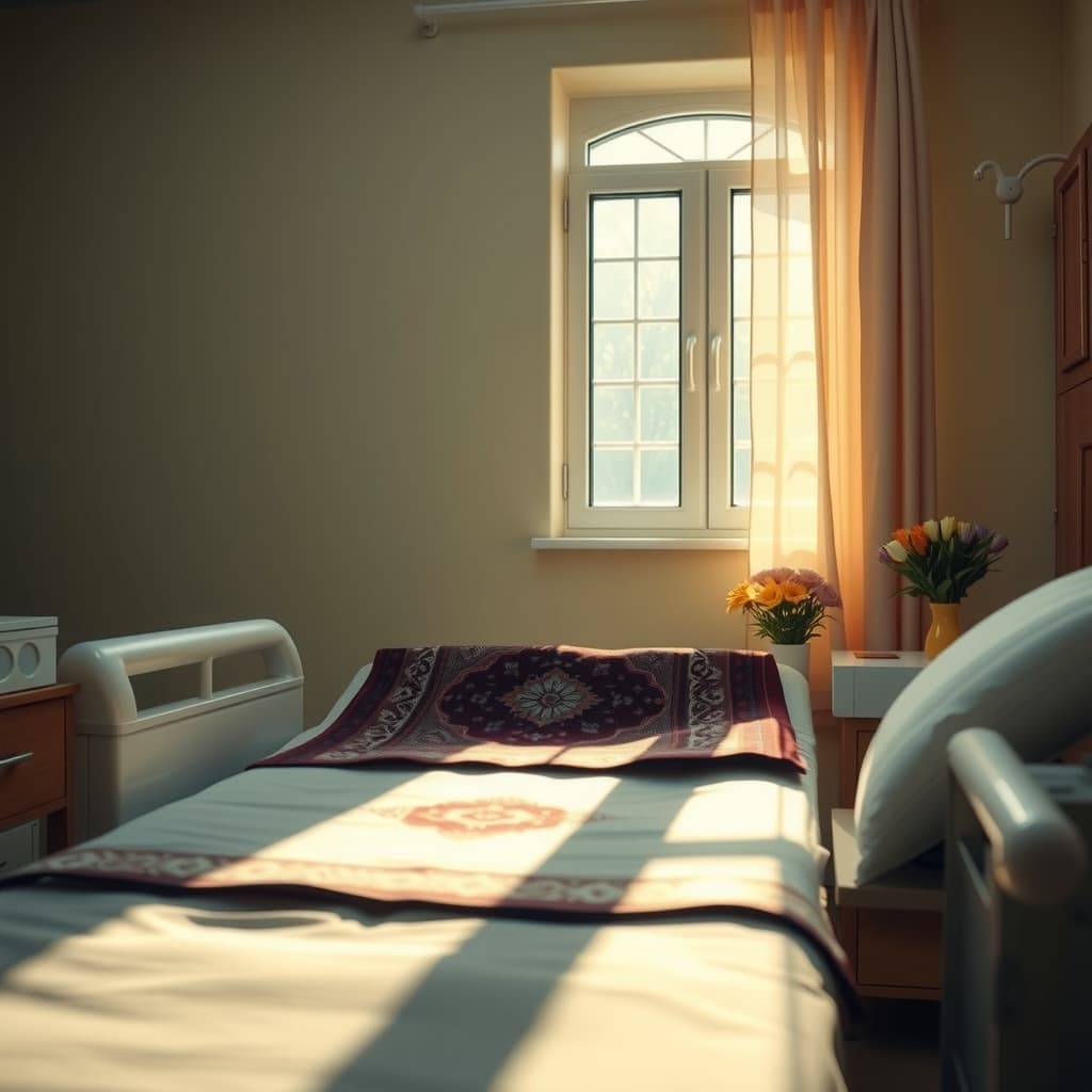 A calm hospital room with morning light and a folded prayer mat