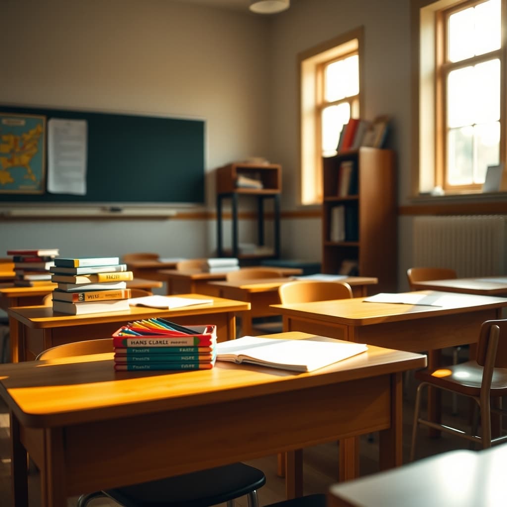 An empty, sunlit classroom with books on the desks