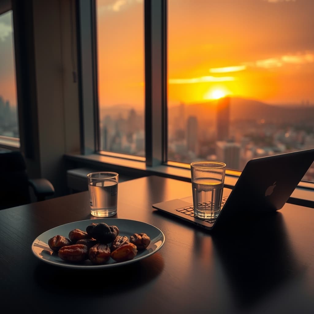 Dates and a glass of water on an office desk at sunset