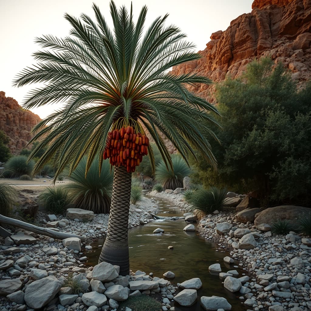 A date palm tree beside a small stream under the evening sky