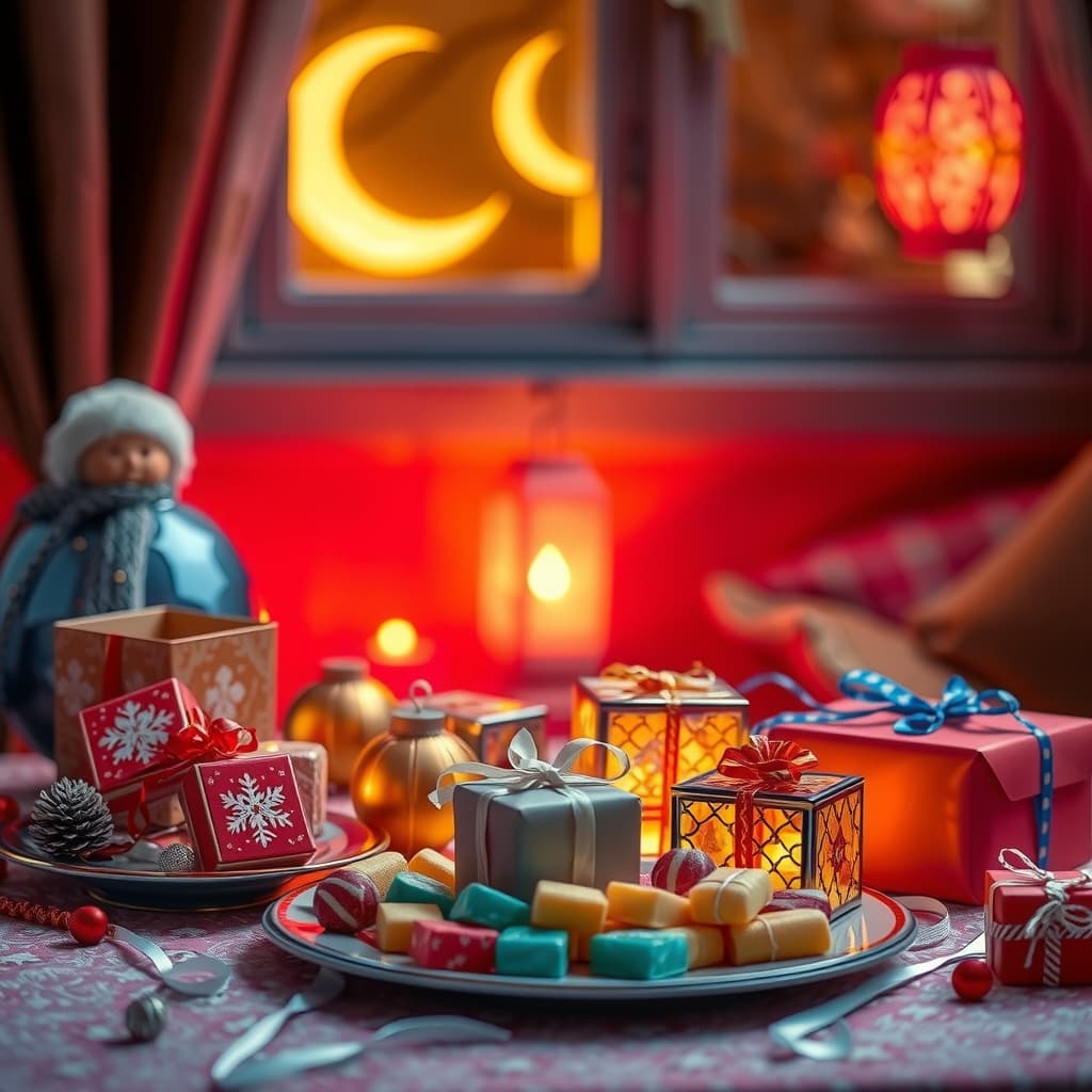 Colourful sweets, lanterns and wrapped gifts under a crescent moon
