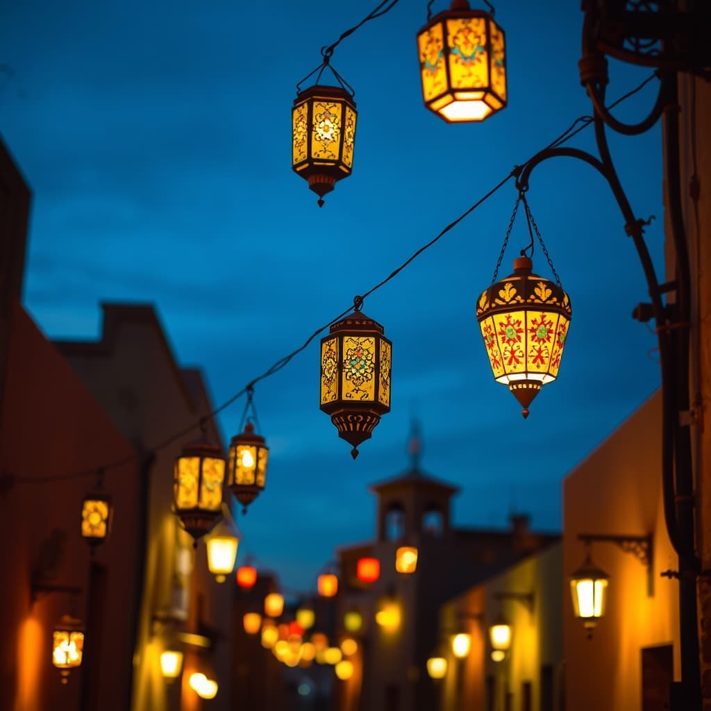 Glowing lanterns hanging in a quiet street at dusk