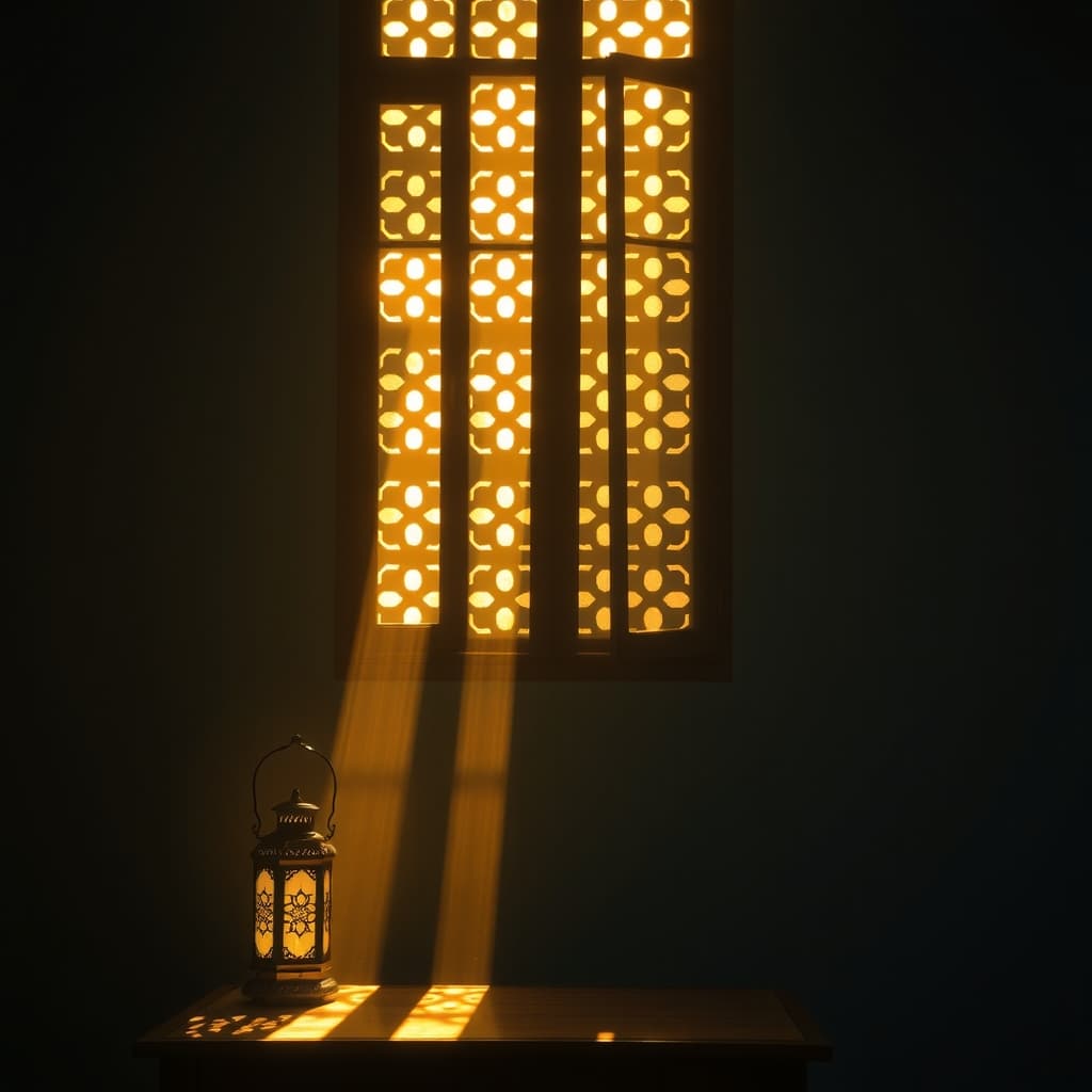 Sunlight streaming through an ornate arched window onto a quiet room with a brass lantern