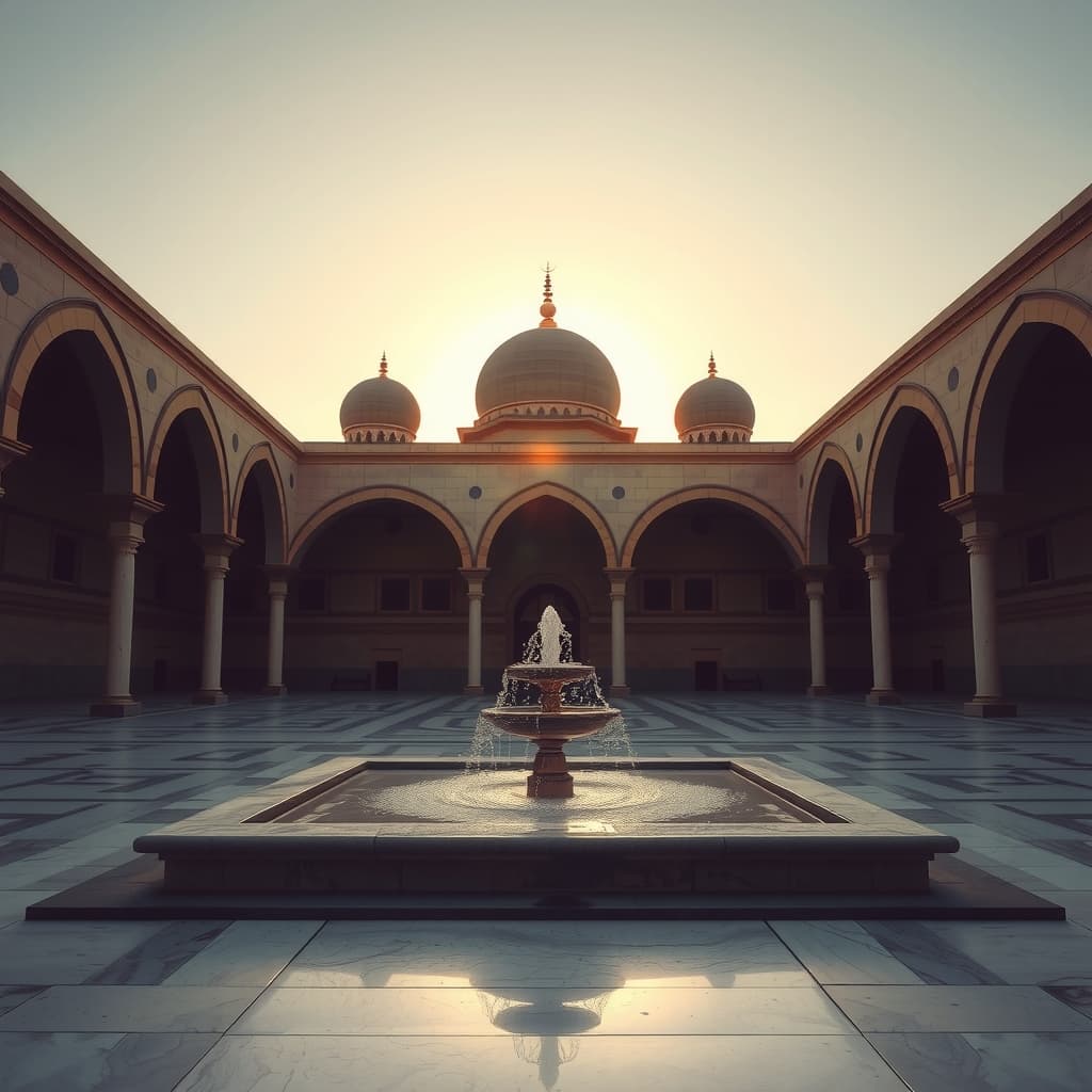 First light of dawn over a mosque courtyard