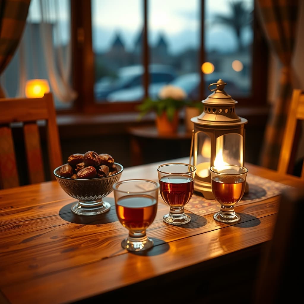A table set with dates, tea and a lit lantern