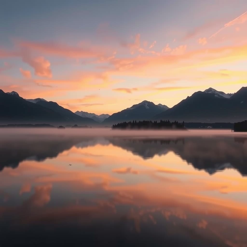 Soft dawn light over calm water and mountains