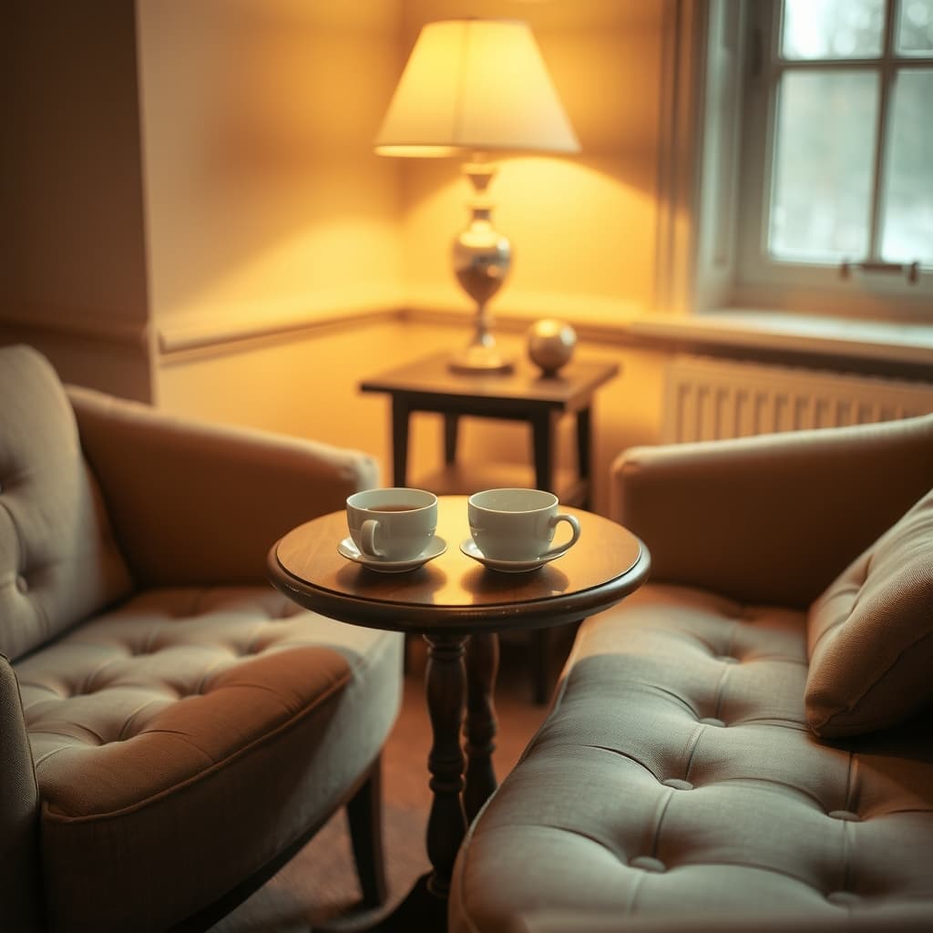 Two cups of tea on a table in a warm, cosy room