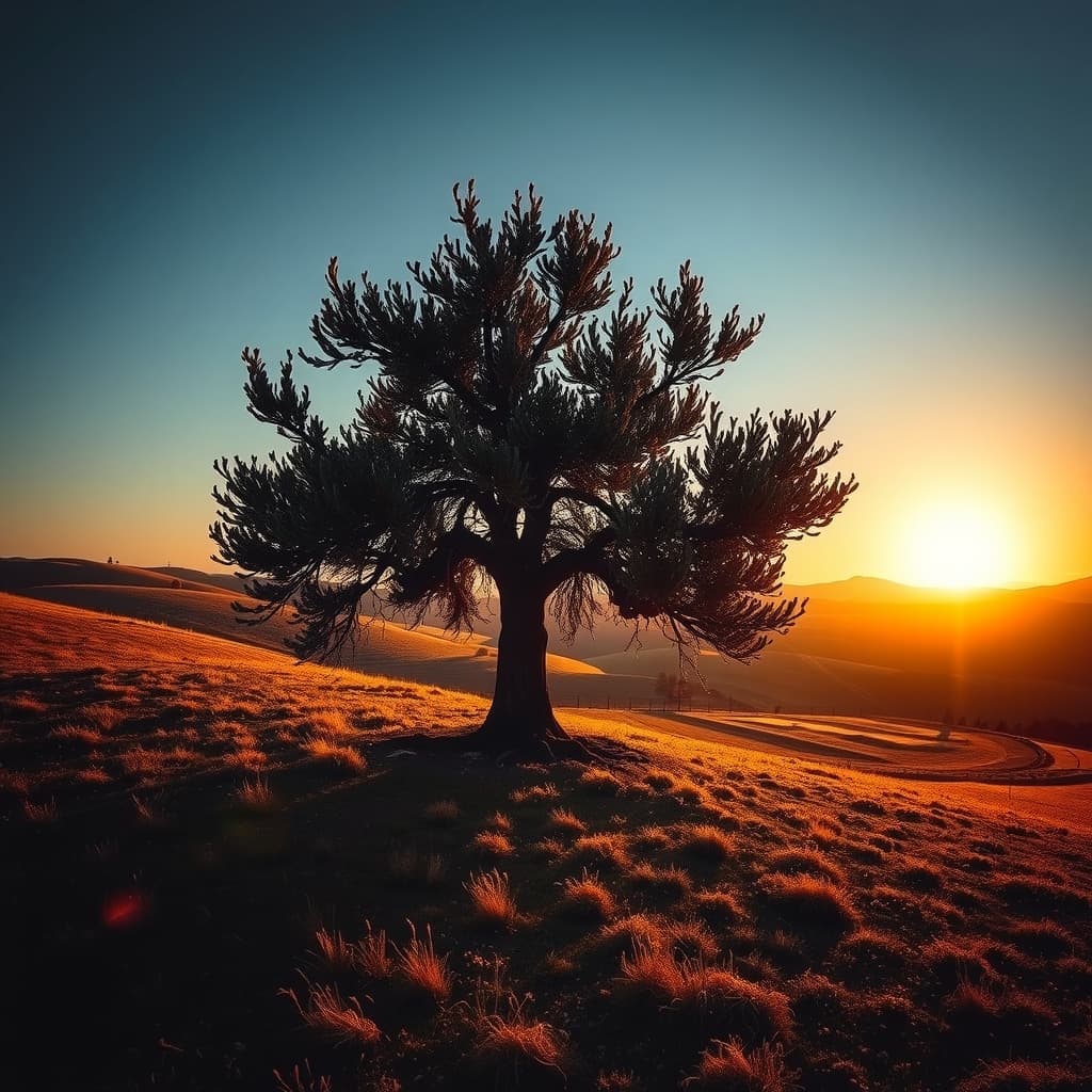 A lone tree on a hill at golden hour