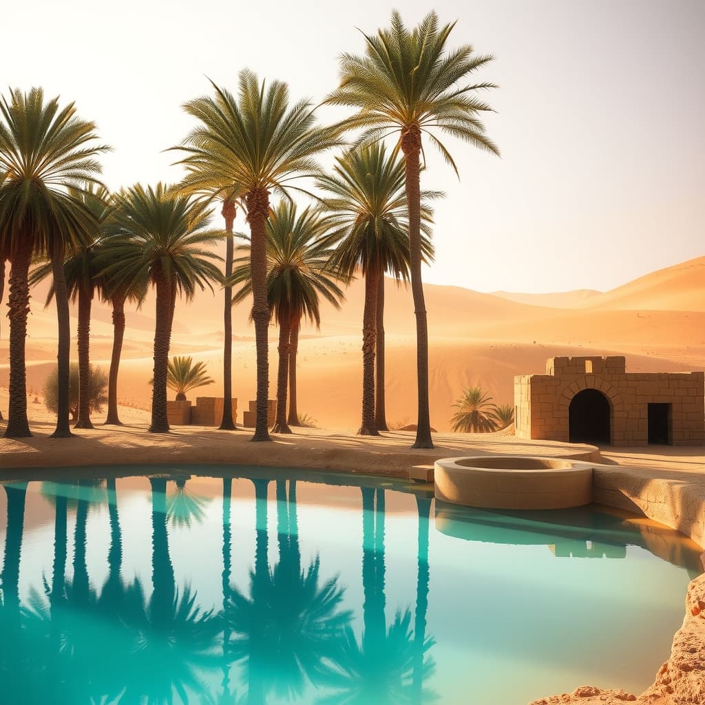 Date palms around a desert oasis
