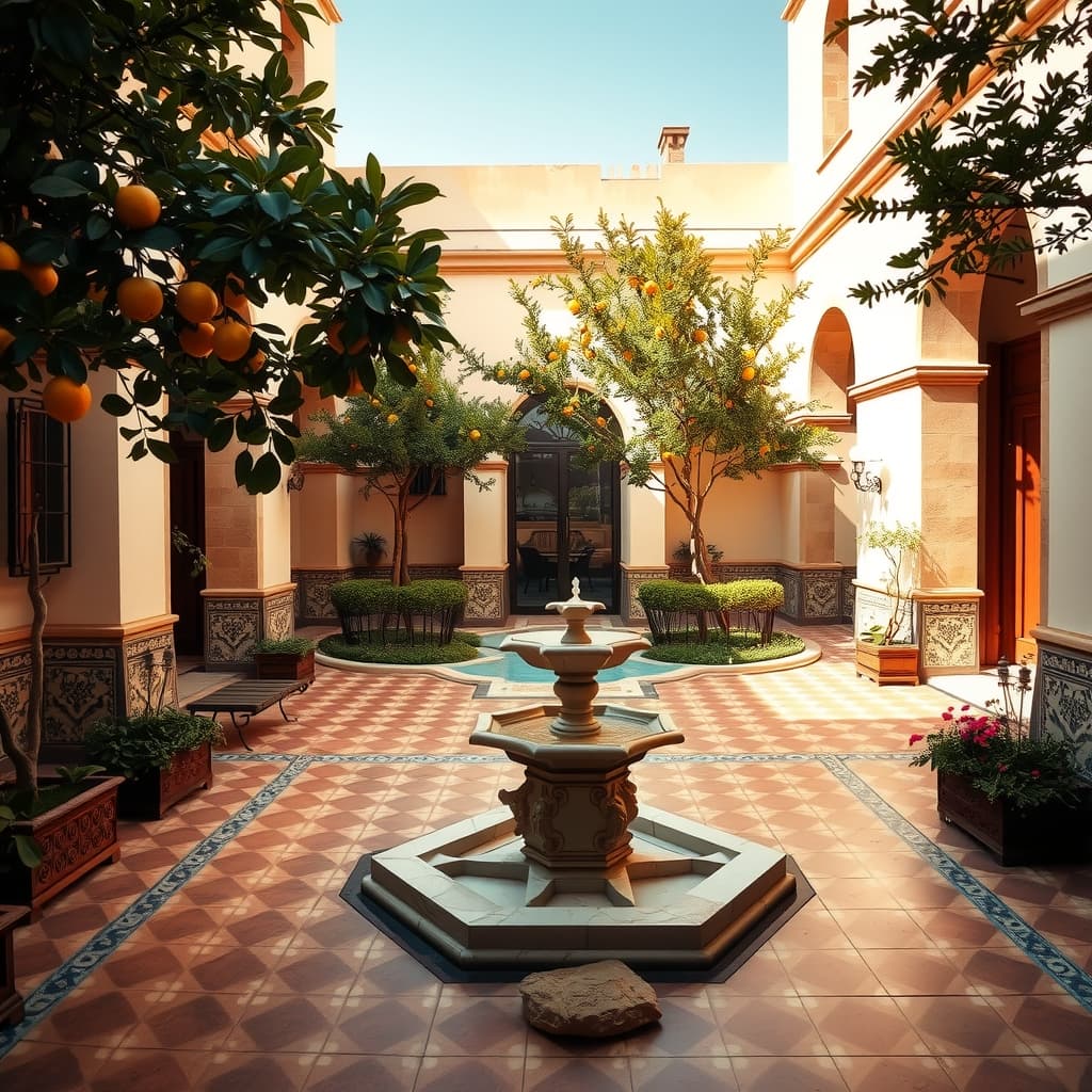 A courtyard fountain surrounded by geometric tiles and greenery